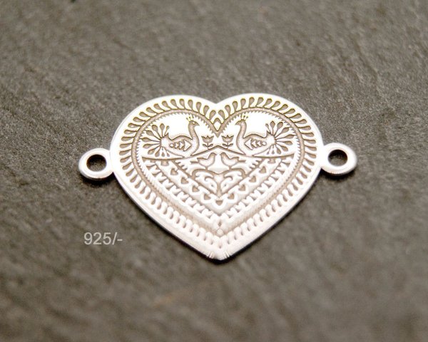Schmuckverbinder Herz floral mit Vögelchen 14mm 925 Silber