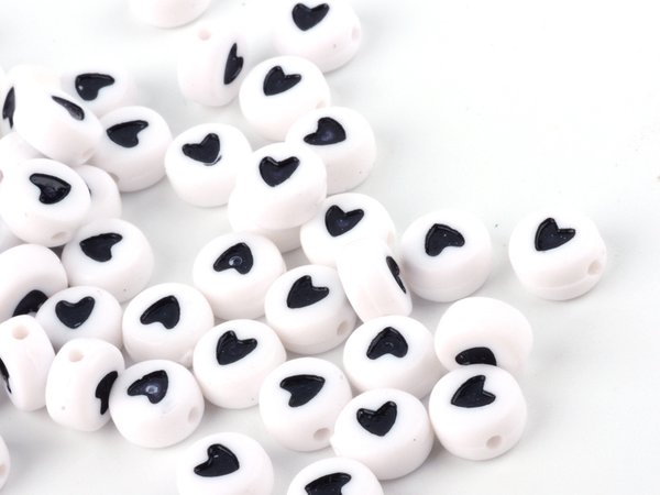 Herzen Perlen 7 mm Acryl weiß/schwarz #7132